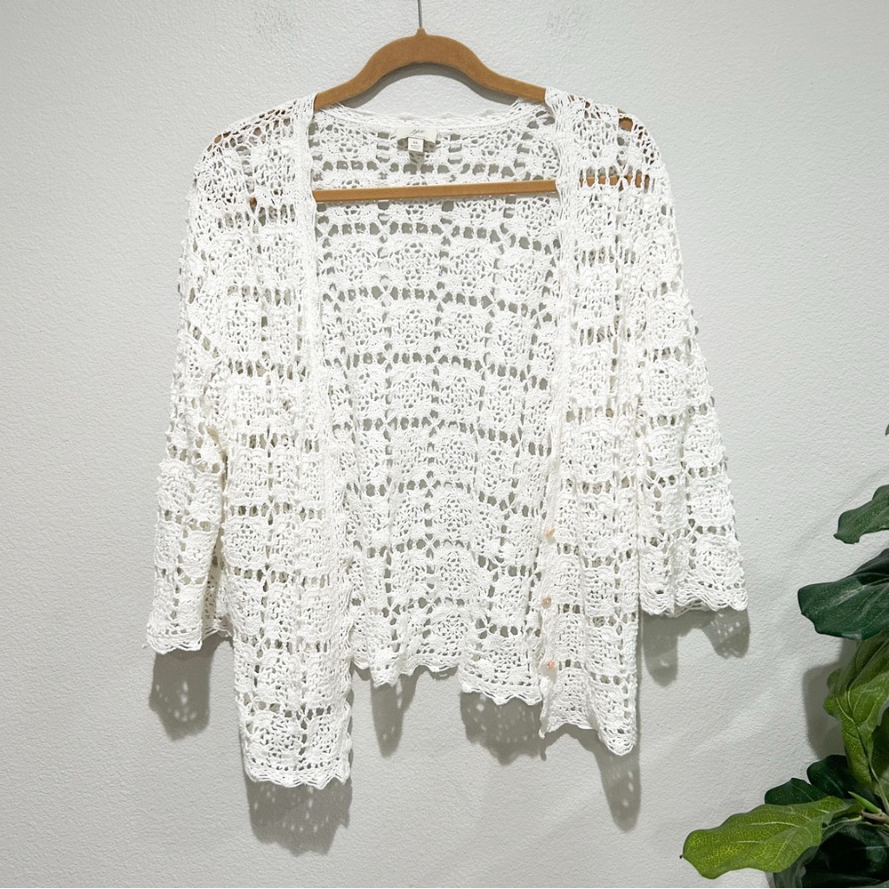 J.Jill hand crochet cardigan white linen cotton granny squares